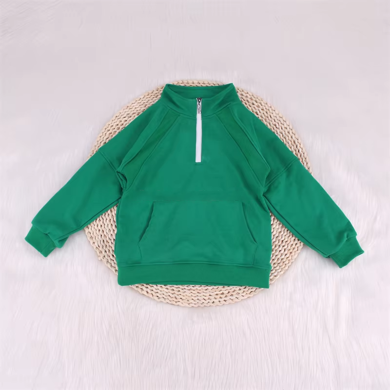 Pre-order Baby Kids Todder Green Long Sleeves Pocket Zipper Pullover Shirt