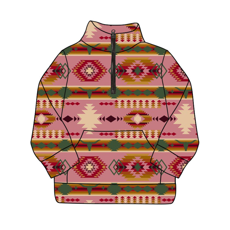 Pre-order Baby Boy Long Sleeves Cow Skull Aztec Zipper Western Pullover Shirt