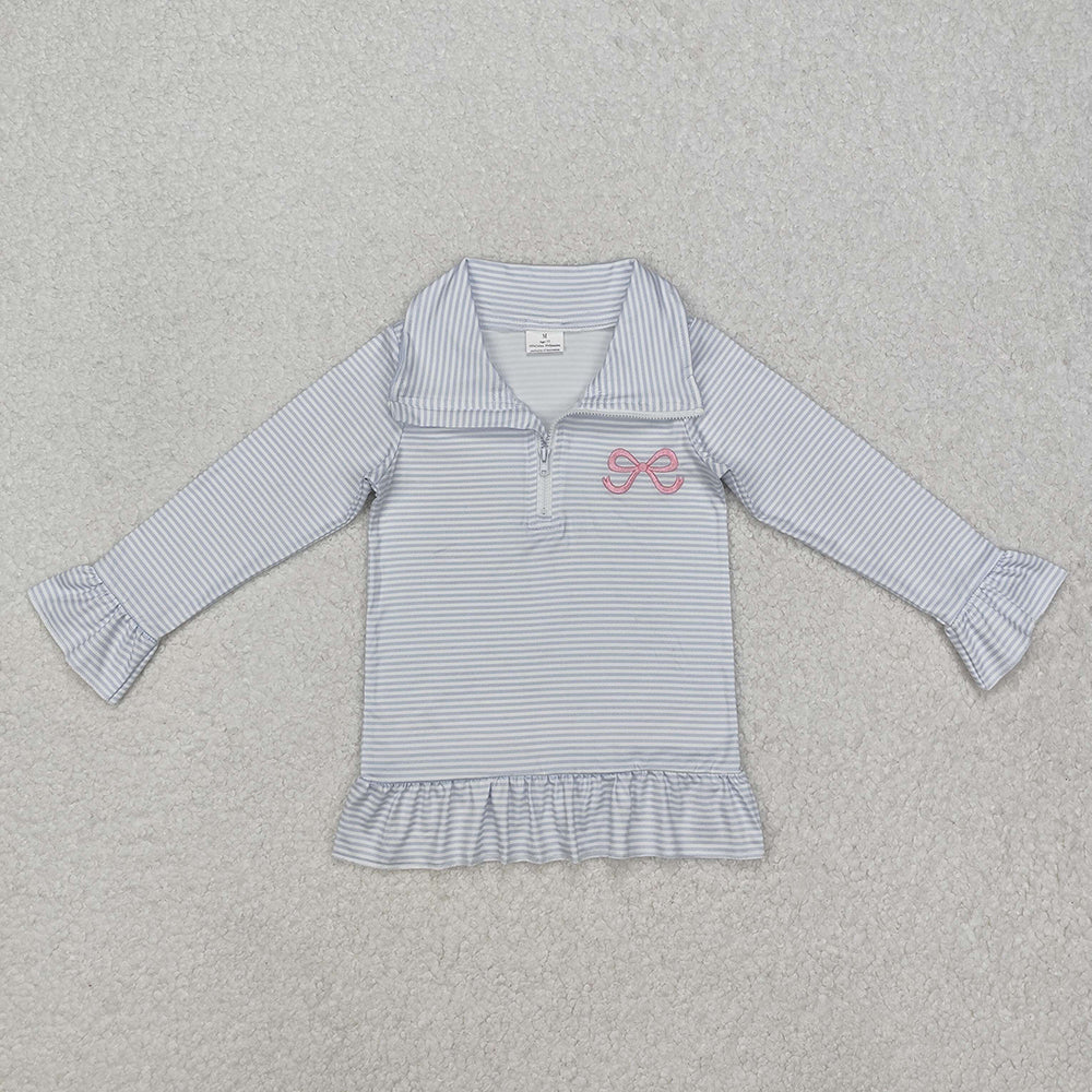 Sibling Girls Kids Long Sleeves Embroidery Bows Shoes Zipper Shirt Tops