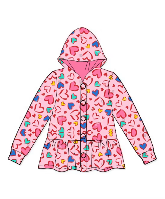 Preorder Baby Girl Long Sleeves Valentines Hearts Hoodie Buttons Pink Coat Tops