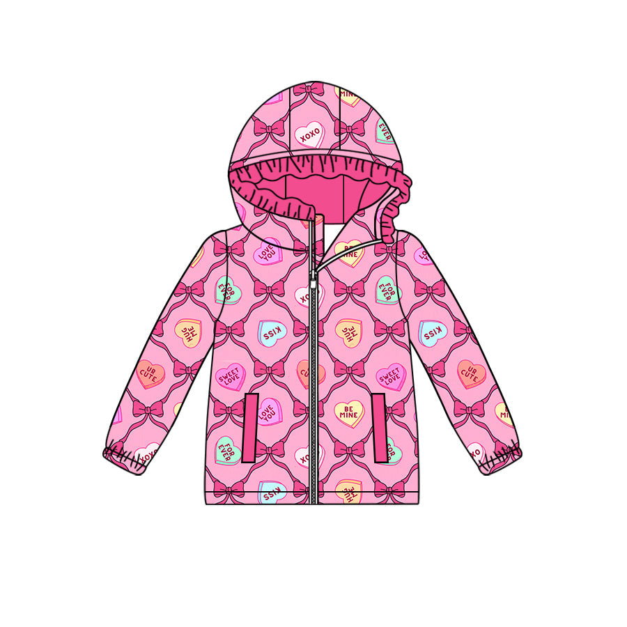 Preorder Baby Girl Long Sleeves Valentines Hearts Bows Hoodie Zipper Pink Coat Tops