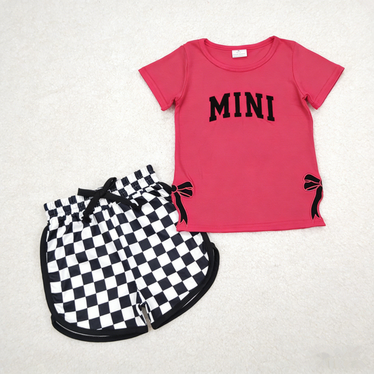 Baby Girls Kids Short Sleeves Embroidery Mini Bows Pink Shirt Plaid Shorts Set RTS