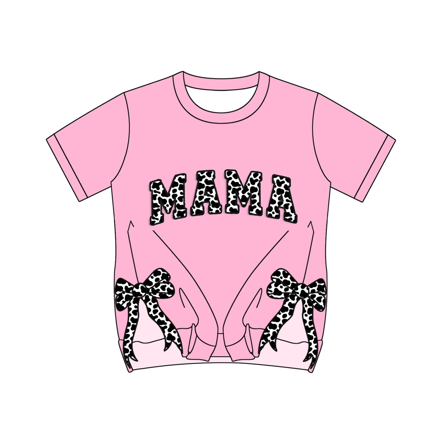 Preorder Adult Women Short Sleeves Mama Cow Print Bows Pink Tee Shirt
