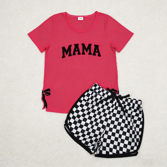 Adult Women Short Sleeves Embroidery Mama Bows Pink Shirt Plaid Shorts Set RTS