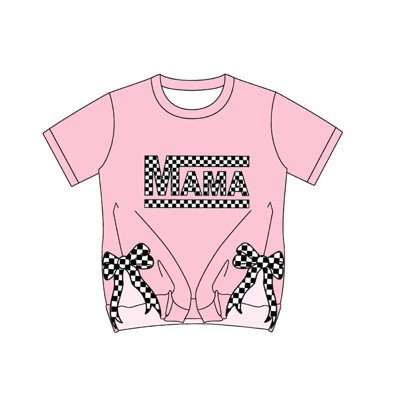 Preorder Adult Women Short Sleeves Checked Mama Bows Pink Tee Shirt Tops