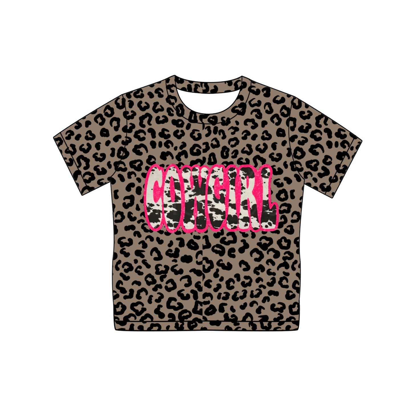 Preorder Baby Girl Brown Short Sleeves Cowgirl Leopard Tee Shirt Tops