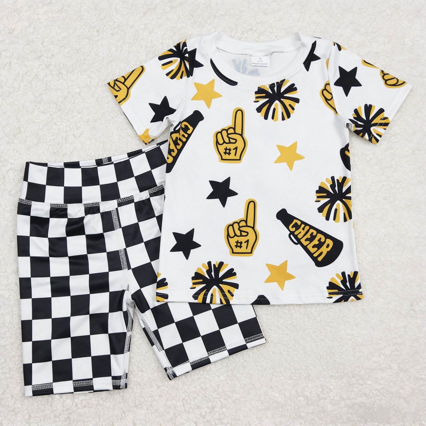 Baby Girl Kids Short Sleeves Stars Team Cheer Shirt Black Checked Yoga Shorts Set Clothes RTS