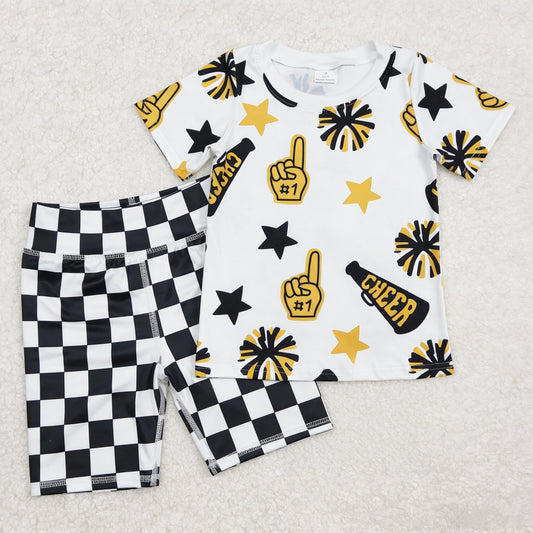 Baby Girl Kids Short Sleeves Stars Team Cheer Shirt Black Checked Yoga Shorts Set Clothes RTS