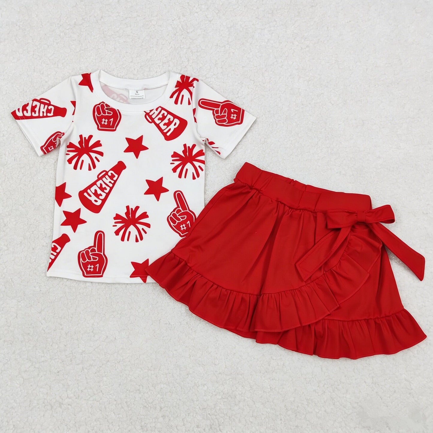 Baby Girl Kids Short Sleeves Cheer Team Shirt Red Yoga Skirt Shorts Set Clothes RTS