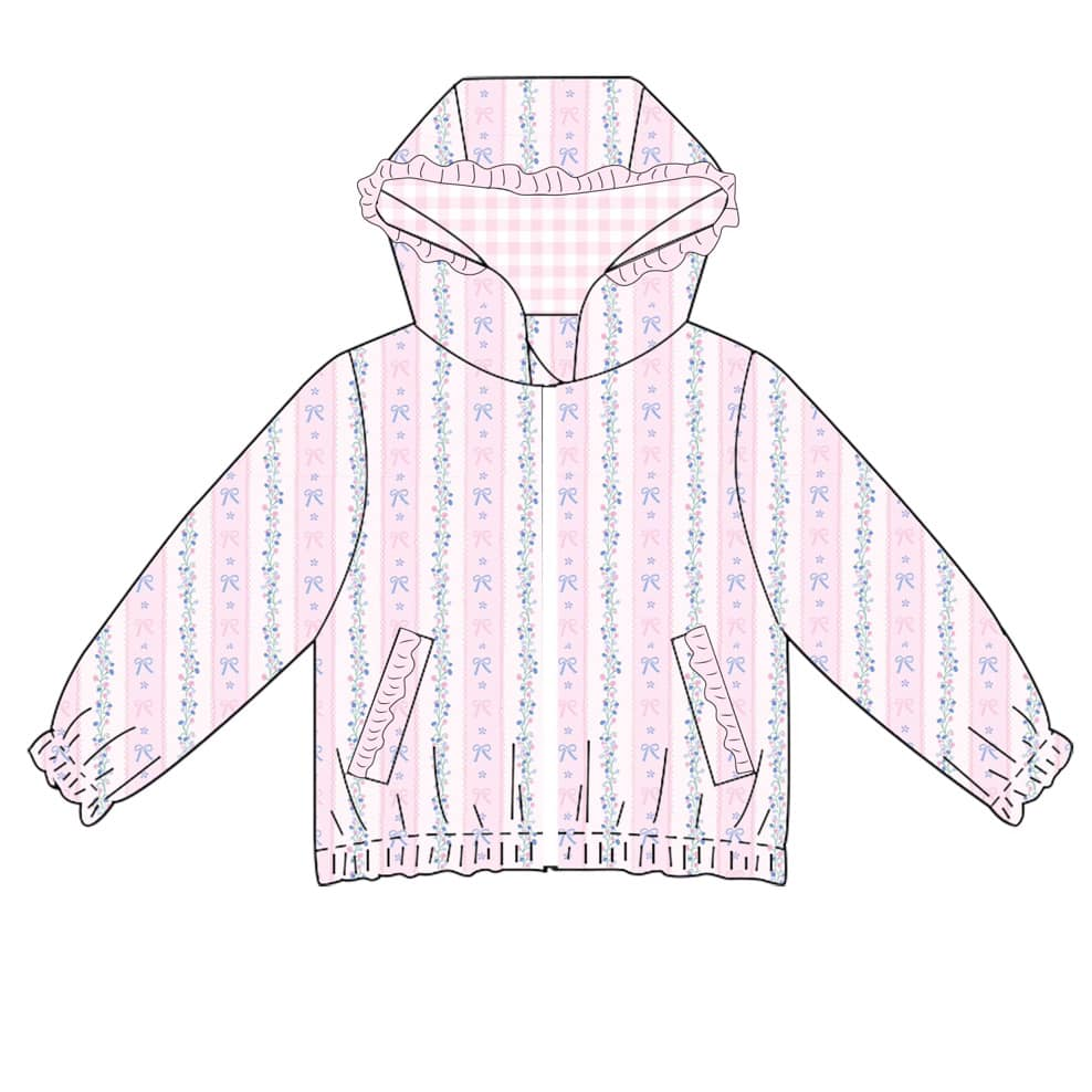 Preorder Baby Girl Pink Long Sleeves Bows Floral Stripes Pockets Hoodie Shirt ( Moq 5 )