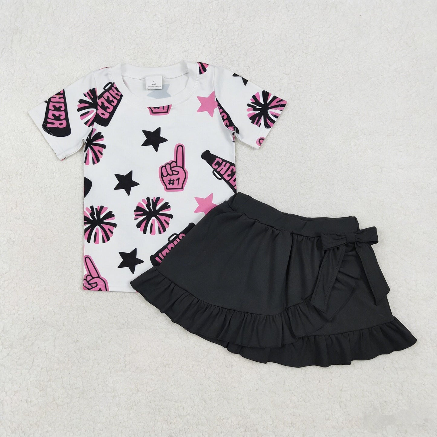 Baby Girl Kids Short Sleeves Cheer Team Pink Shirt Yoga Skirt Shorts Set Clothes RTS