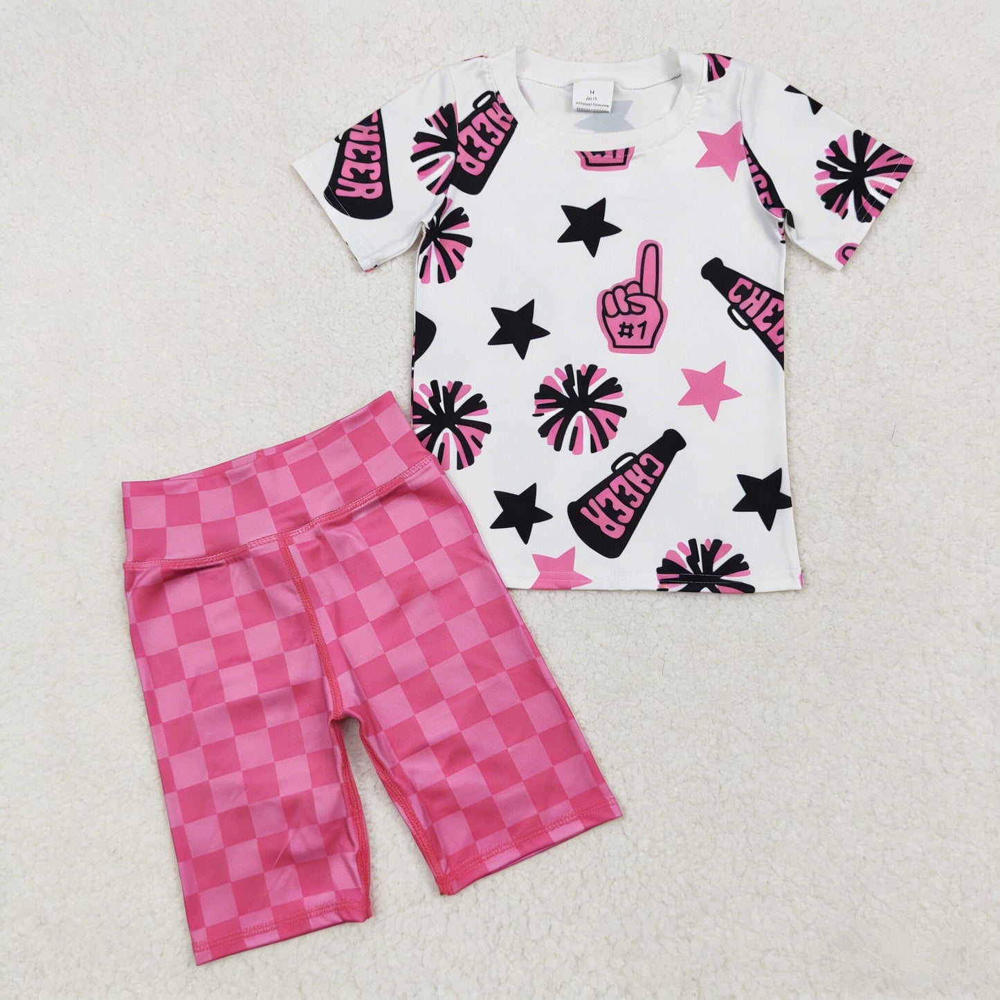 Baby Girl Kids Short Sleeves Stars Team Cheer Shirt Pink Checked Yoga Shorts Set Clothes RTS