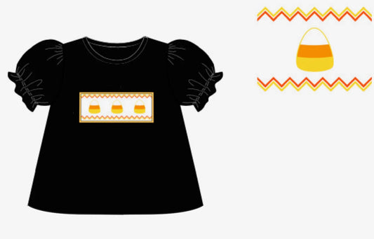 ( Moq 5 ) Preorder Baby Girl Black Short Sleeves Halloween Candy Tunic Tops