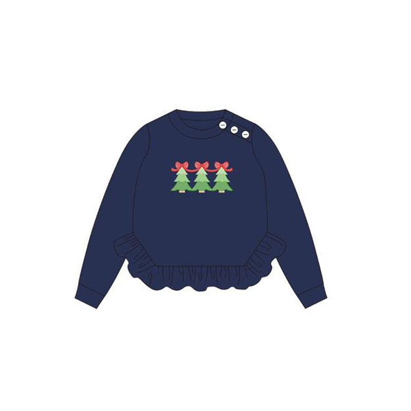 ( Moq 5 ) Preorder Baby Girl Navy Long Sleeves Tree Bows Ruffle Christmas Shirt Tops