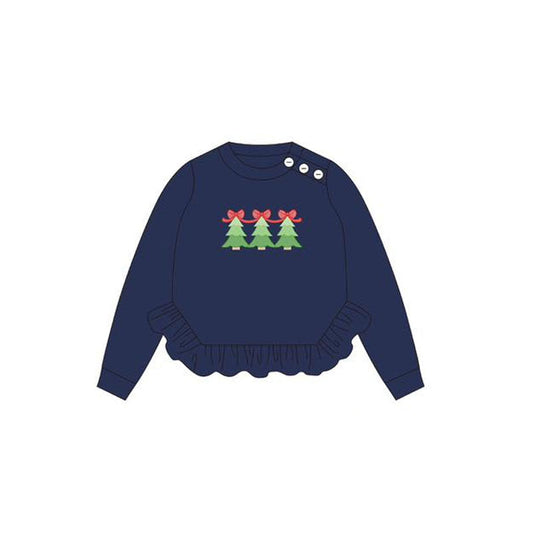 ( Moq 5 ) Preorder Baby Girl Navy Long Sleeves Tree Bows Ruffle Christmas Shirt Tops