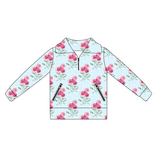 ( Moq 5 ) Preorder Baby Girl Long Sleeves Flower Zipper Pockets Blue Yoga Active Pullover Shirt