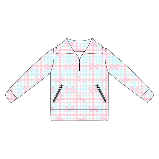 ( Moq 5 ) Preorder Baby Girl Long Sleeves Bows Plaid Pockets Yoga Active Zipper Shirt
