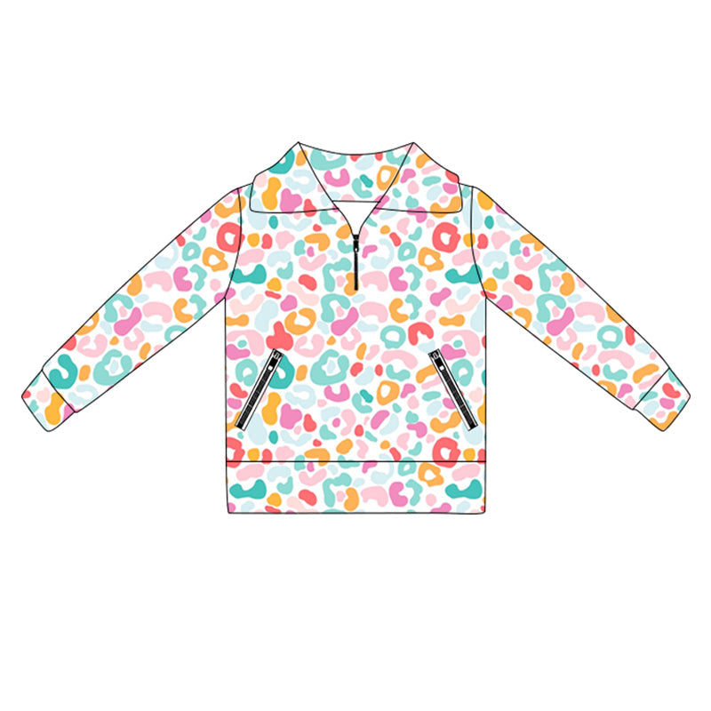 ( Moq 5 ) Preorder Long Sleeves Colorful Leopard Yoga Active Zipper Pockets Pullovers Shirt
