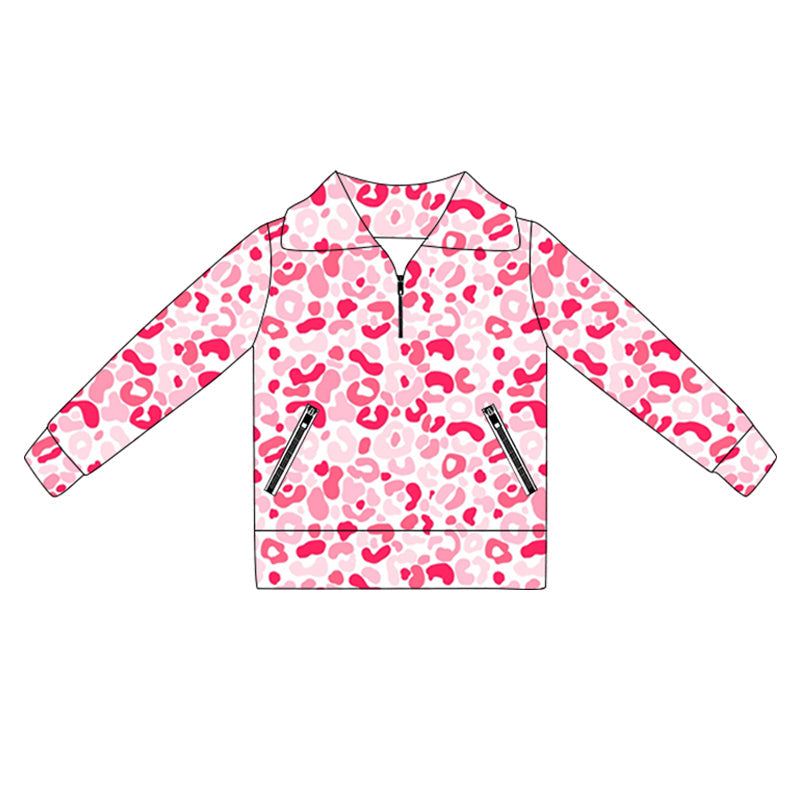 ( Moq 5 ) Preorder Baby Girl Toddler Pink Leopard Long Sleeves Pockets Yoga Active Zipper Shirt Tops