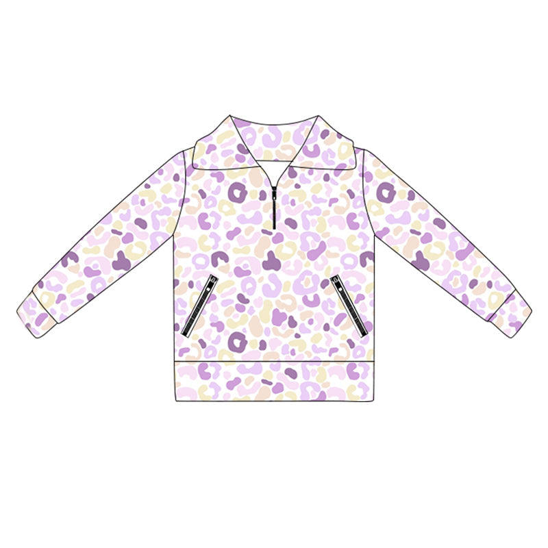 ( Moq 5 ) Preorder Long Sleeves Purple Leopard Pockets Yoga Active Zipper Shirt Pullover Tops