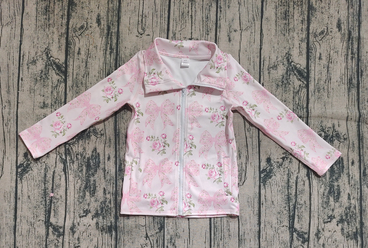 Baby Girl Long Sleeves Floral Bows Zipper Pockets Yoga Active Pink Shirt Tops RTS