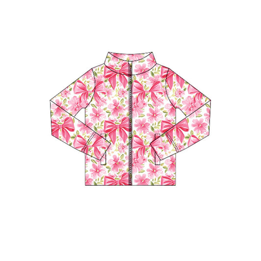 ( Moq 5 ) Preorder Baby Girl Long Sleeves Flower Bows Pockets Yoga Active Zipper Pink Shirt Tops
