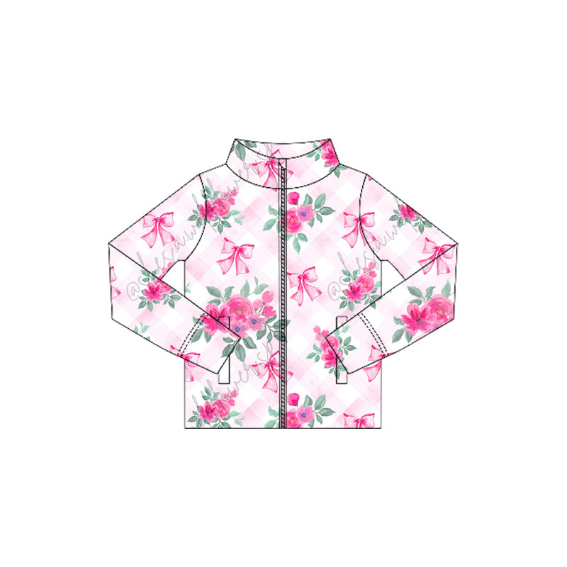 ( Moq 5 ) Preorder Baby Girl Long Sleeves Pink Plaid Flower Bows Pockets Yoga Active Zipper Shirt Tops