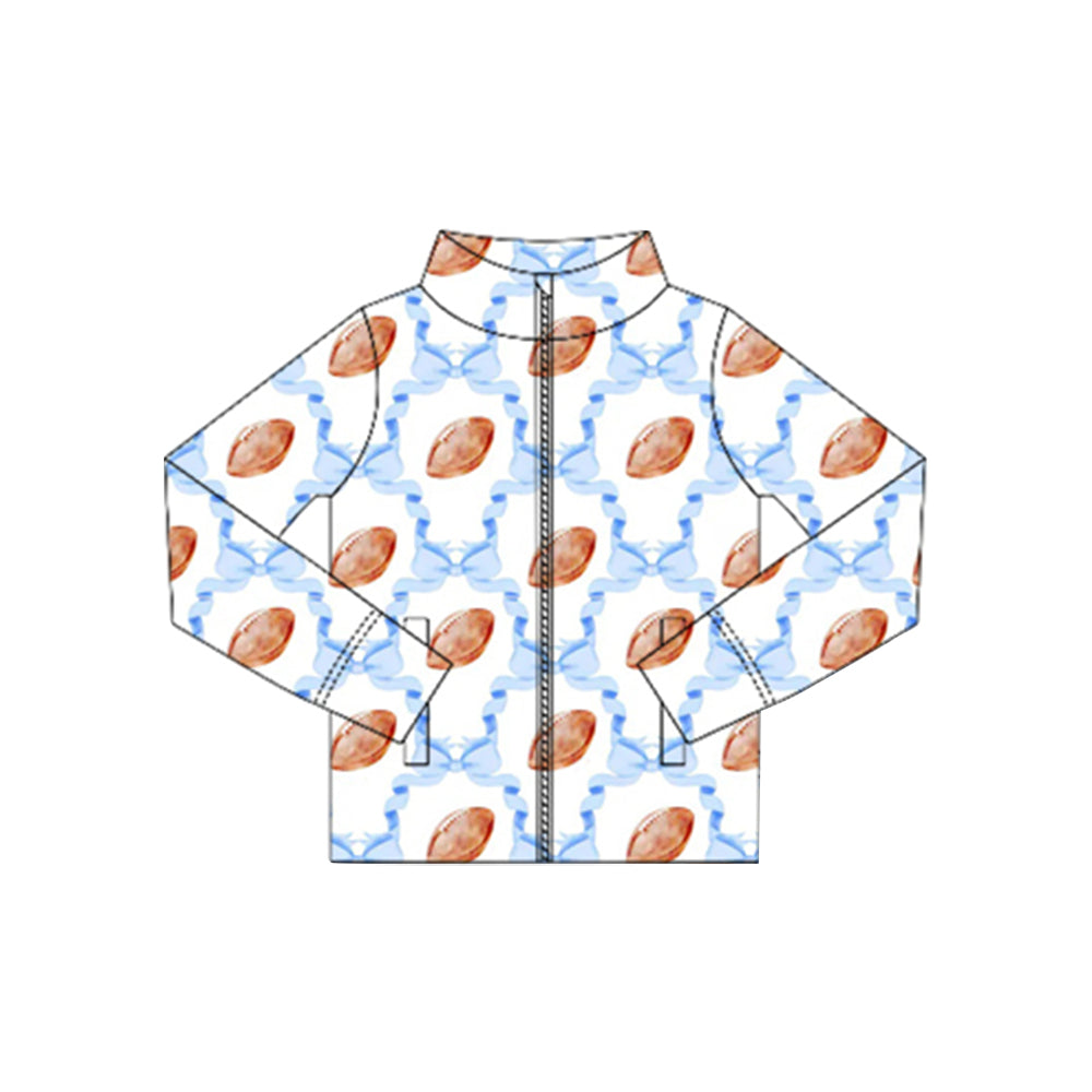 ( Moq 5 ) Preorder Baby Girl Long Sleeves Blue Bows Football Zipper Pockets Yoga Active Shirt Tops