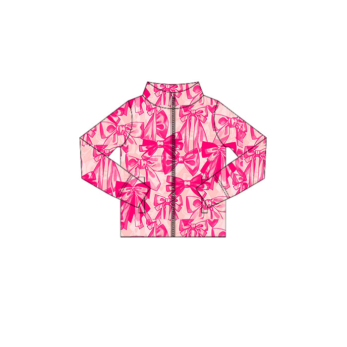 ( Moq 5 ) Preorder Baby Girl Long Sleeves Pink Bows Zipper Pockets Yoga Active Tops