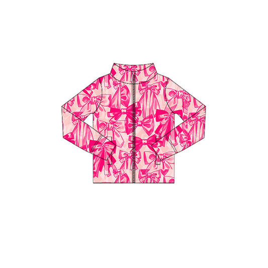 ( Moq 5 ) Preorder Baby Girl Long Sleeves Pink Bows Zipper Pockets Yoga Active Tops