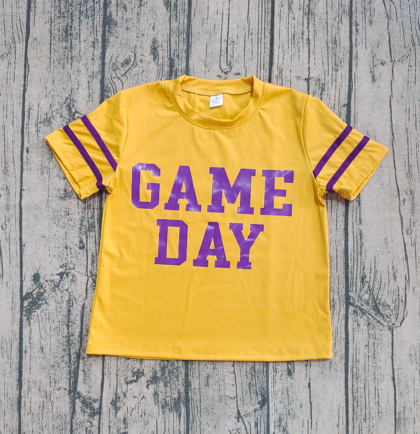 Baby Girl Short Sleeves Game Day Yellow Purple Yoga Active Team Cheer Vinyl Shirt RTS
