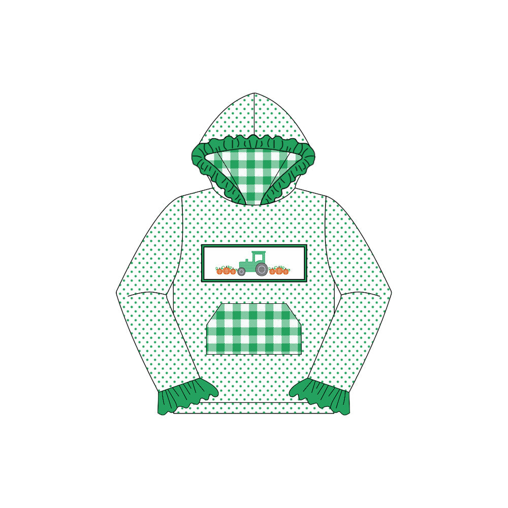( Moq 5 ) Preorder Baby Girl Long Sleeves Tractor Pumpkins Plaid Pocket Hoodie Green Fall Shirt