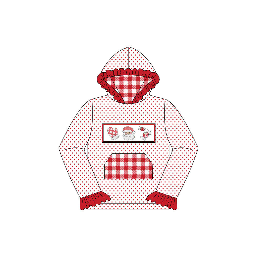 ( Moq 5 ) Preorder Baby Girl Long Sleeves Santa Candy Red Plaid Pocket Hoodie Christmas Shirt