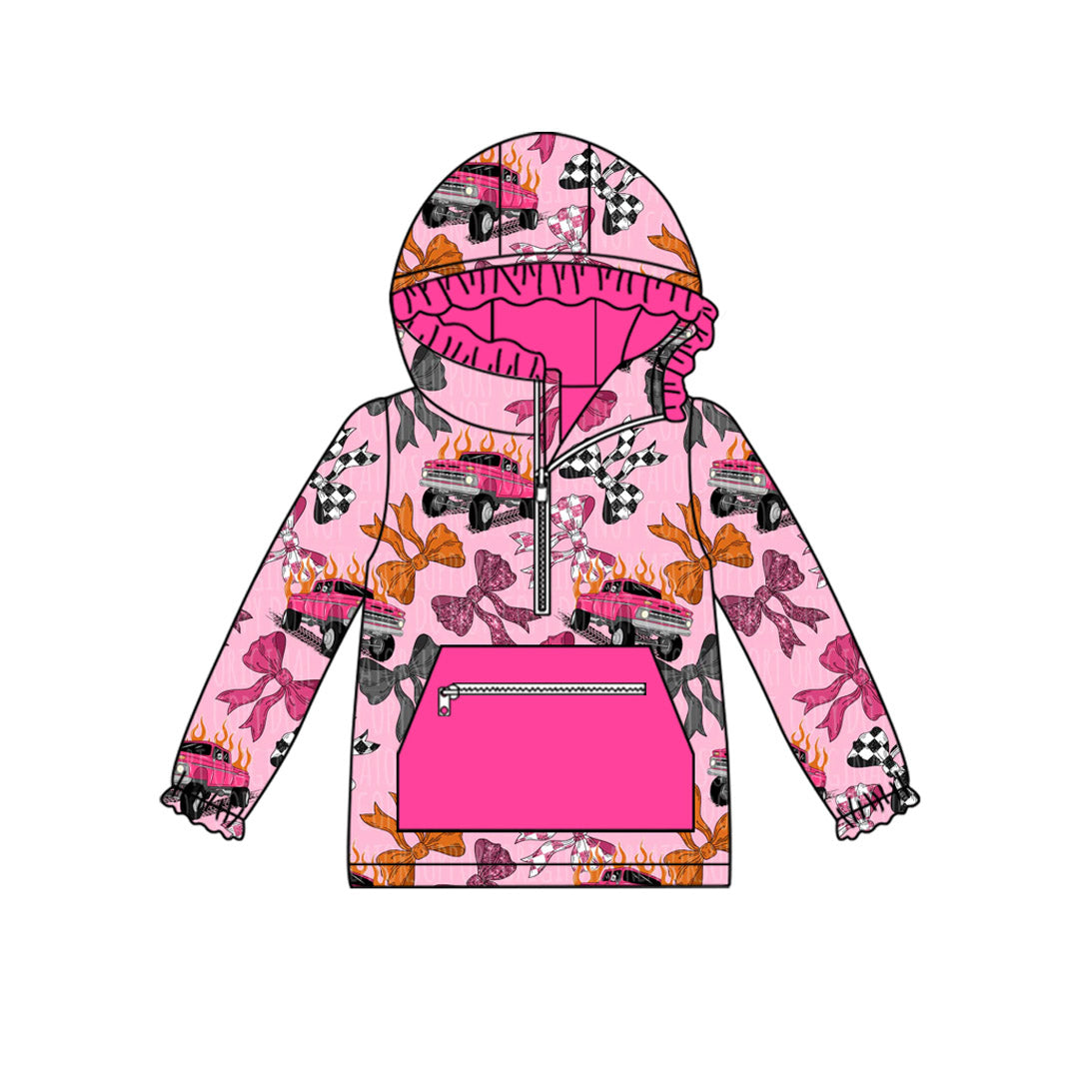 ( Moq 5 ) Preorder Baby Girl Long Sleeves Trucks Bows Hoodie Zipper Pink Pocket Pullover Tops