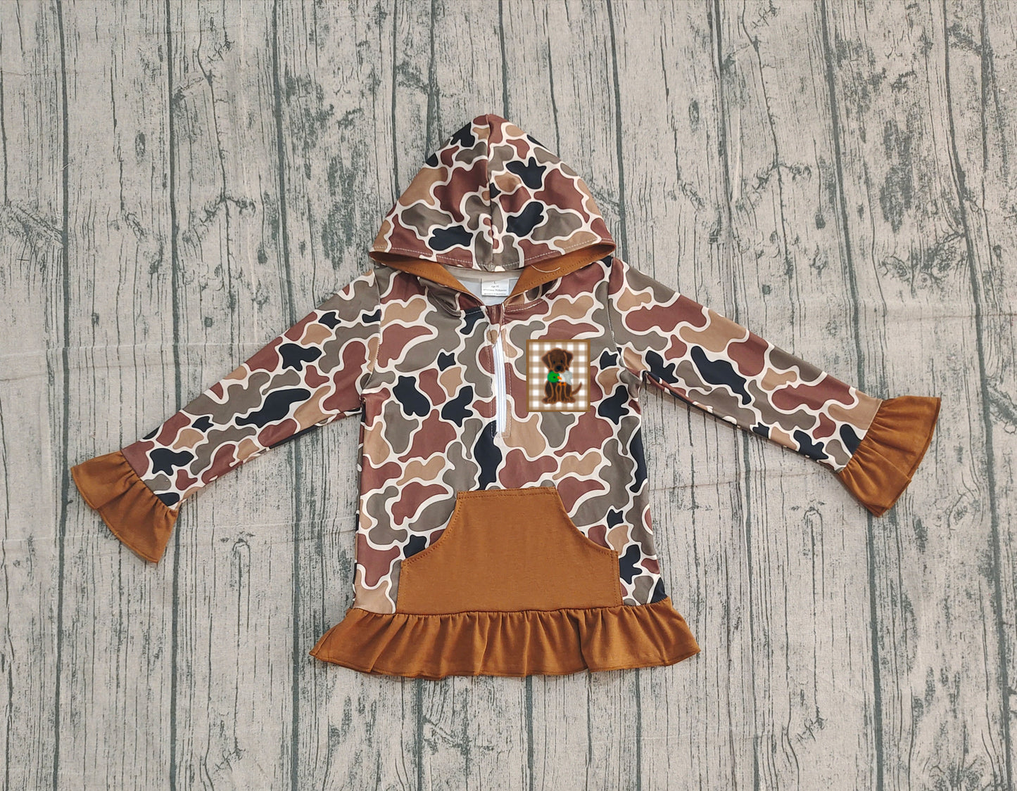 ( No moq ) Preorder Baby Girl Long Sleeves Embroidery Dog Hoodie Zipper Brown Camo Shirt