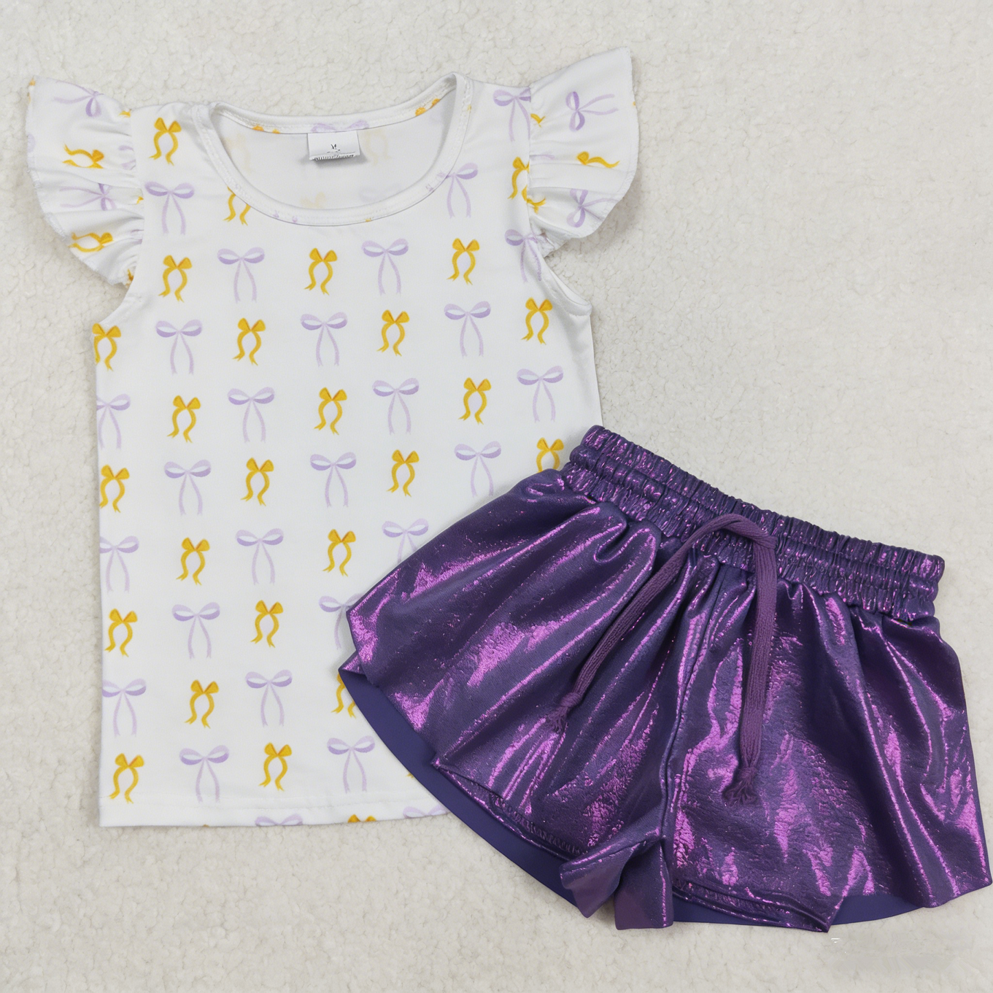 Baby Girl Kids Short Sleeves Bows Tops Purple Shorts Set Clothes RTS