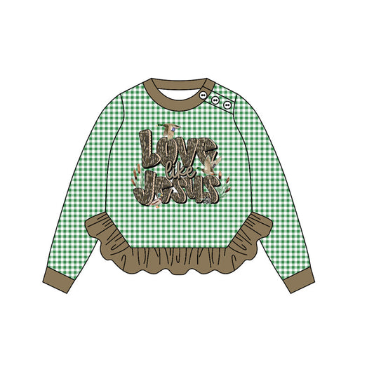 ( Moq 5 ) Preorder Baby Girl Long Sleeves Ducks Jesus Green Plaid Ruffle Shirt