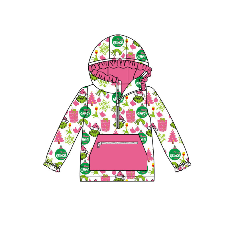 ( Moq 5 ) Preorder Baby Girl Long Sleeves Green Face Tree Hoodie Zipper Pocket Christmas Shirt