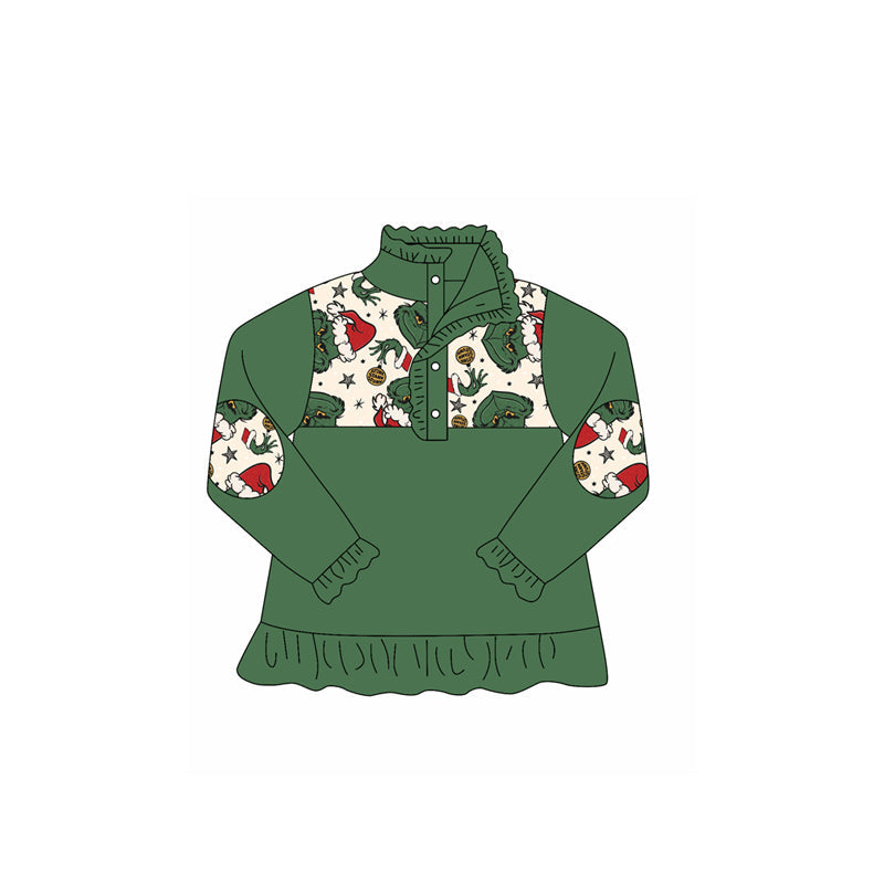 ( Moq 5 ) Preorder Kids Girls Long Sleeves Green Face Buttons Pullover Christmas Shirt