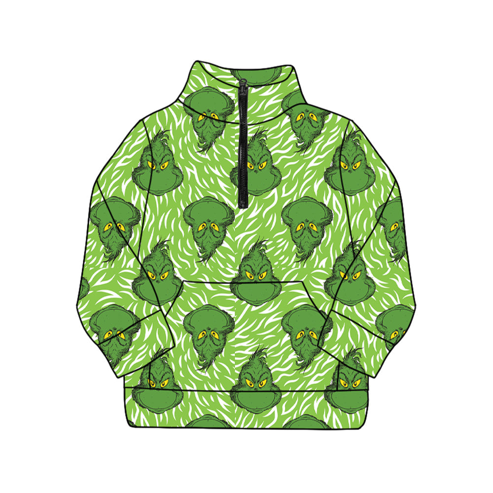 ( Moq 5 ) Preorder Adult Women Long Sleeves Green Face Christmas Zipper Pocket Pullover Shirt