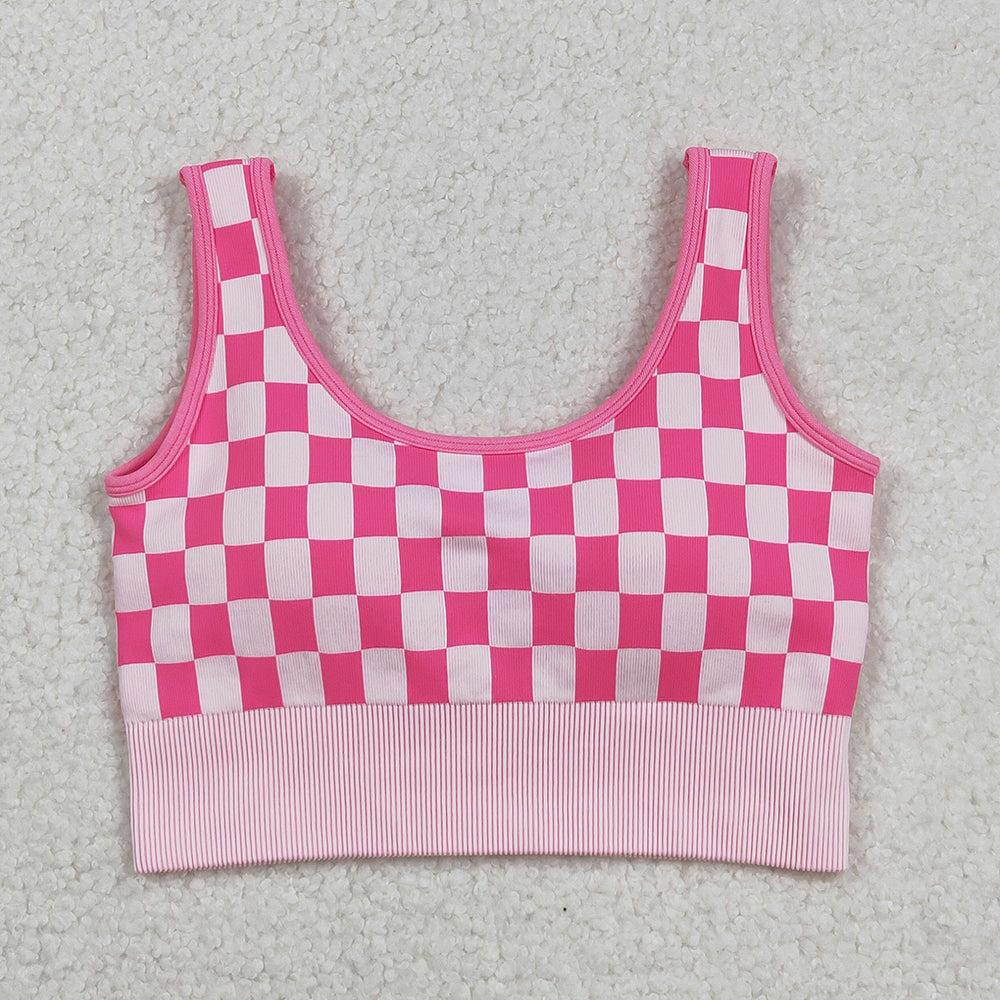 Adult Woman Sleeveless Pink Checkered Knitted Yoga Tank Tops RTS