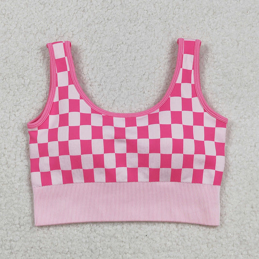 Adult Woman Sleeveless Pink Checkered Knitted Yoga Tank Tops RTS