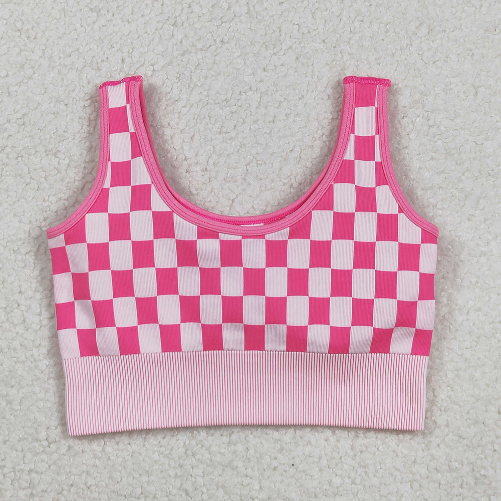 Adult Woman Sleeveless Pink Checkered Knitted Yoga Tank Tops RTS