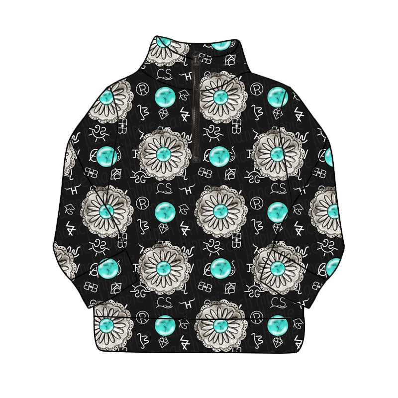 ( Moq 5 ) Preorder Girls Kids Turquoise Western Zipper Pullover Yoga Active Shirt