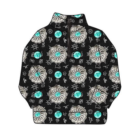 ( Moq 5 ) Preorder Girls Kids Turquoise Western Zipper Pullover Yoga Active Shirt