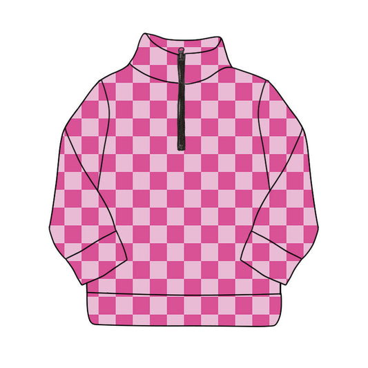 ( Moq 5 ) Preorder Girls Kids Pink Checked Zipper Pullover Yoga Active Shirt