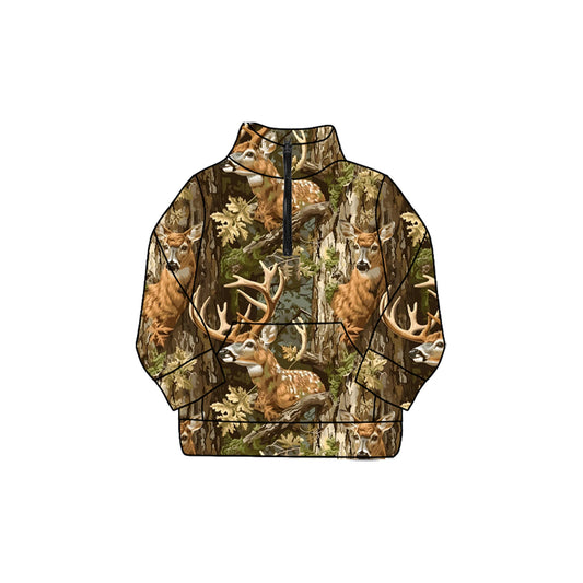 (Moq 5 ) Preorder Toddler Kids Long Sleeves Deer Camo Zipper Pocket Yoga Pullover Shirt