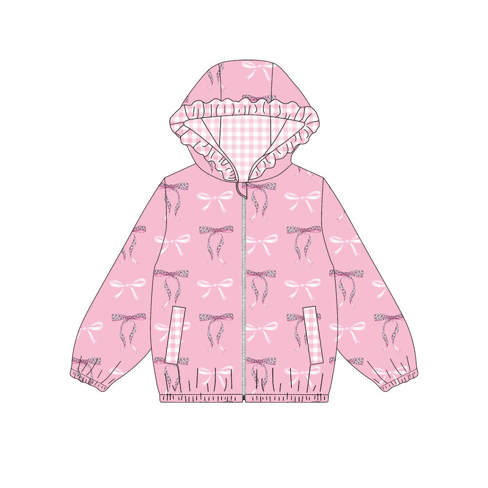 ( Moq 5 ) Girls Kids Bows Pockets Zipper Plaid Hoodie Pink Coat Tops