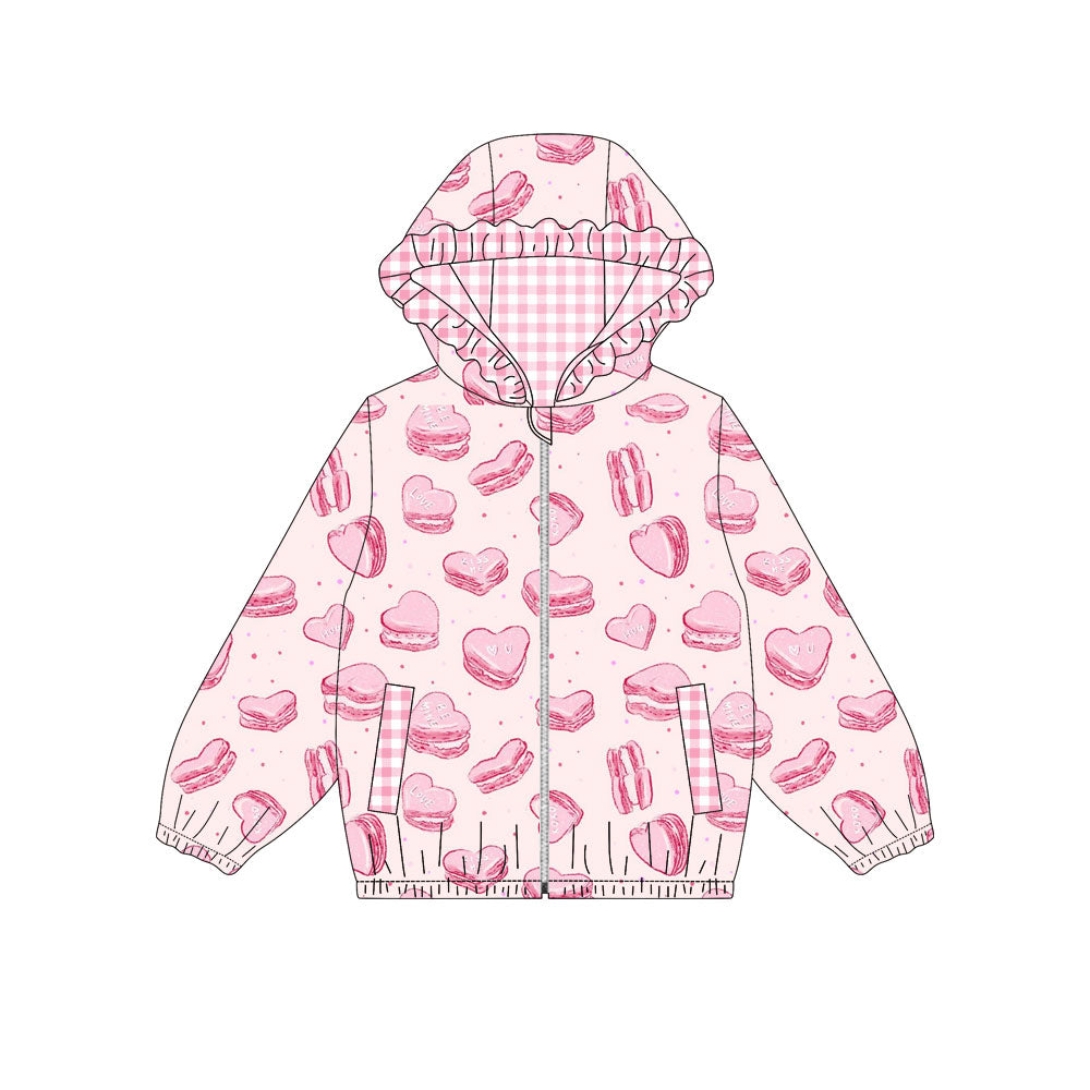 ( Moq 5 ) Girls Kids Hearts Cakes Pockets Zipper Pink Plaid Hoodie Coat Tops