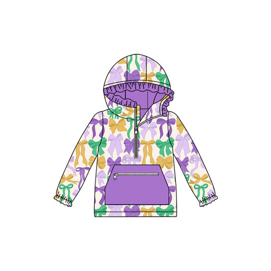 ( Moq 5 ) Preorder Girls Kids Bows Zipper Pocket Hoodie Mardi Gras Pullover Shirt